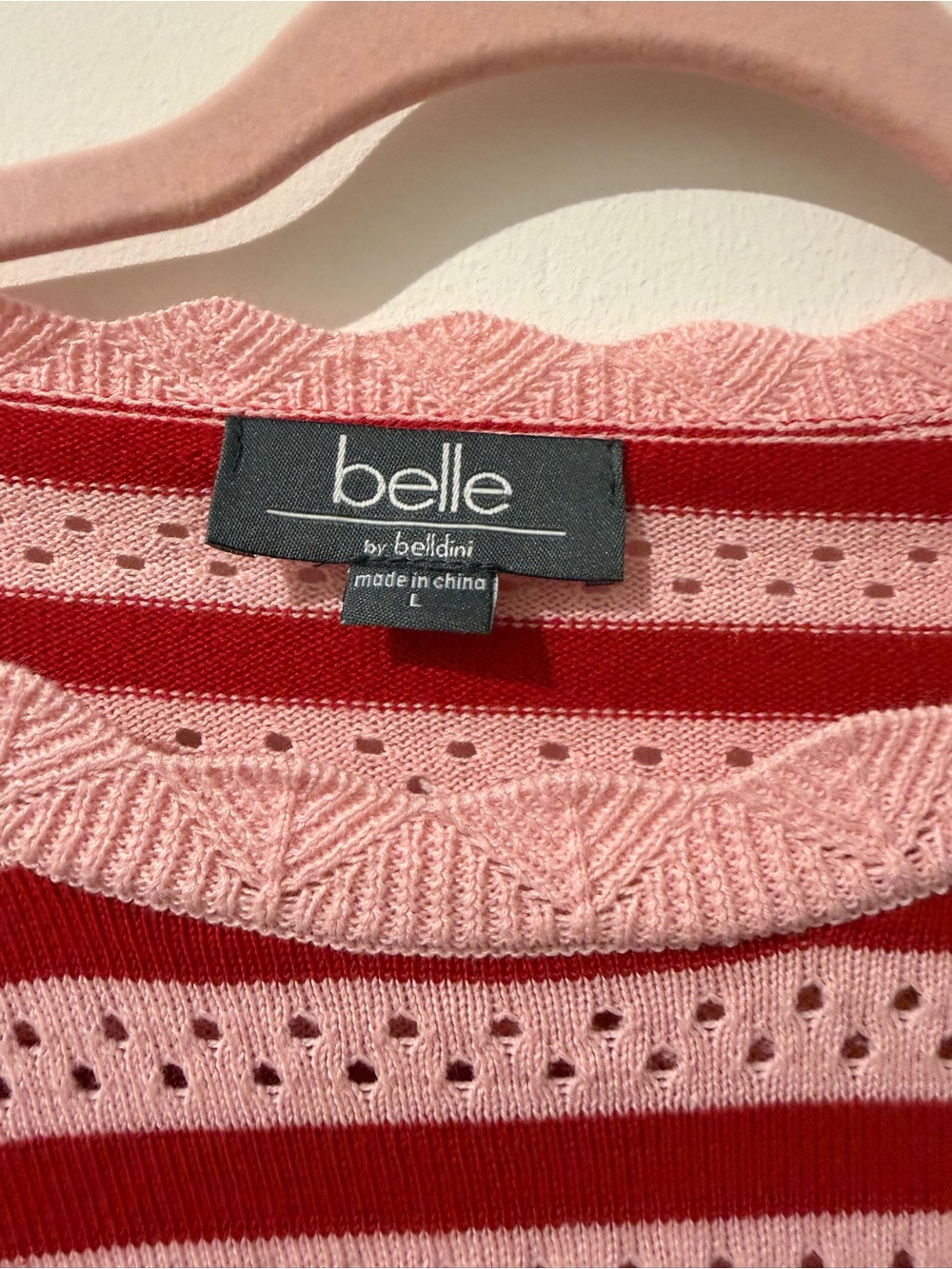 Belle Pink and Red Striped Open-Knit Crew Sweater - Picture 2 of 4